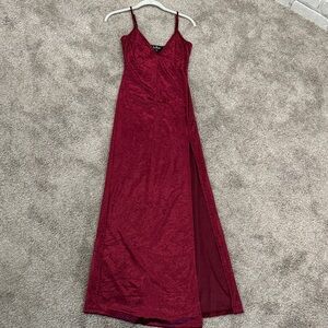 Lulu's Deep Red Velvet Slip Maxi Dress with Side Slit